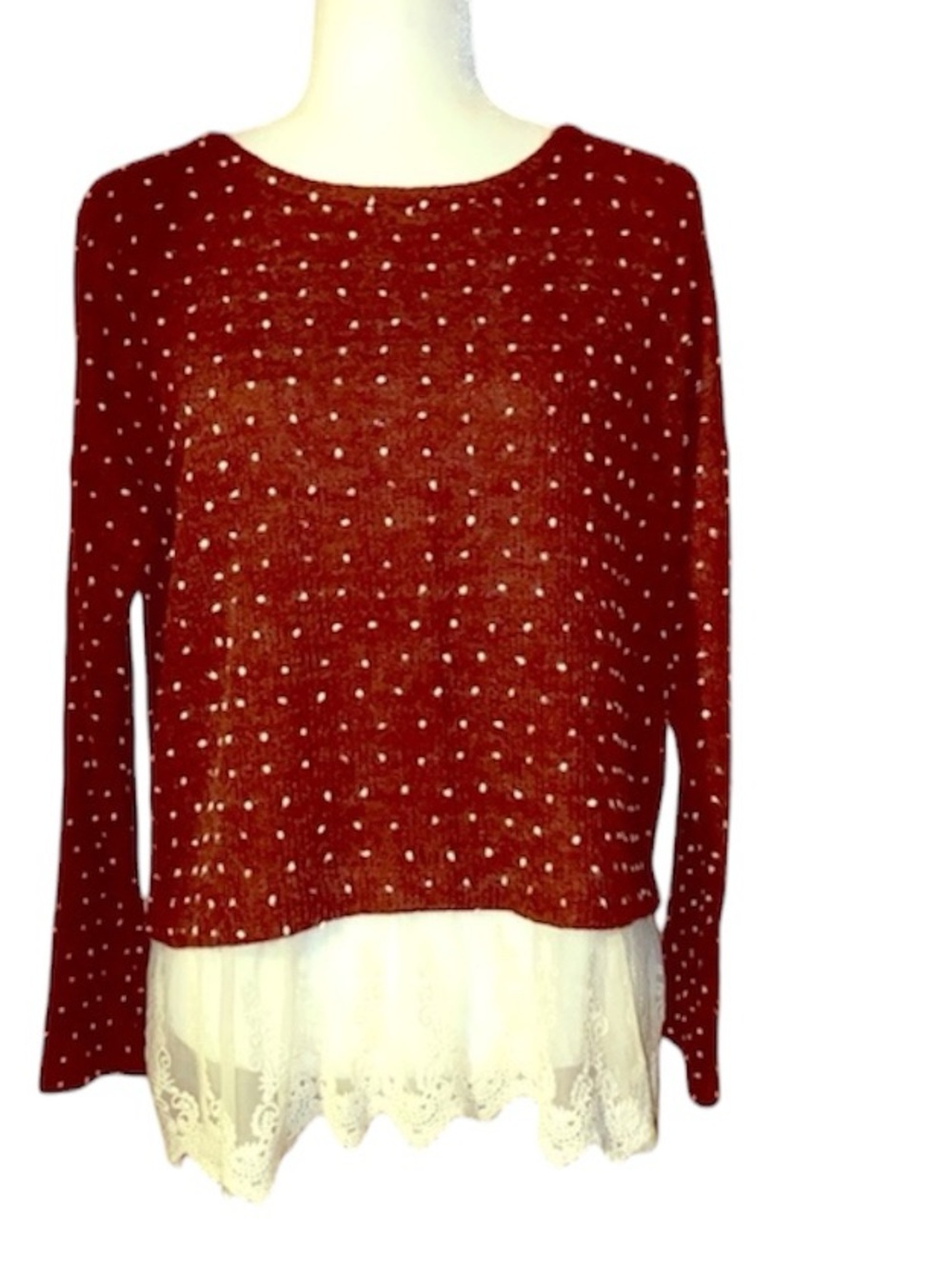 Altar’d State Maroon with White Polka Dot Sweater and Lace Bottom